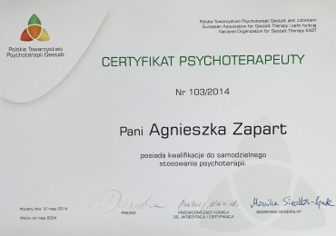 Certyfikat Polskiego Towarzystwa Psychoterapii Gestalt