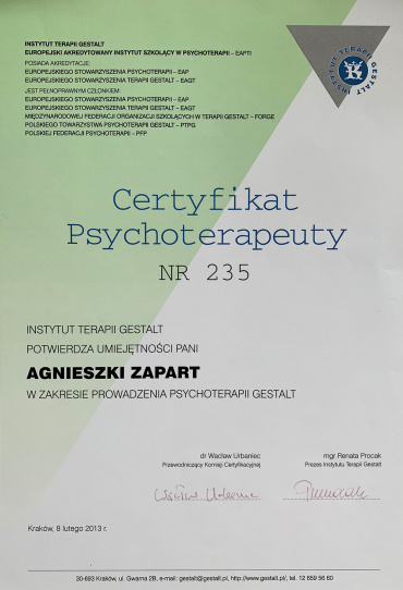 Certyfikat Instytutu Terapii Gestalt